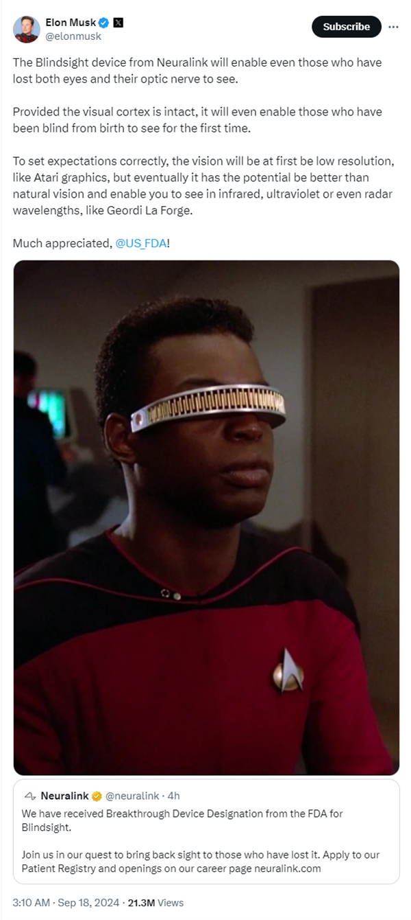 馬斯克腦機接口公司盲視項目獲醫療器械認證：幫助盲人重見光明
