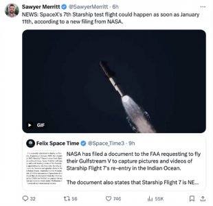 SpaceX星艦第七次試飛定了：計劃在明年1月11日進